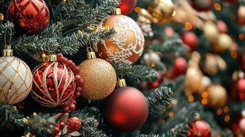 fechar-se do uma festivo Natal árvore com vermelho, ouro, e cintilante enfeites, pinho galhos, e caloroso luzes a comemorar alegre Natal e feliz Novo ano video