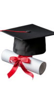 Graduation cap and diploma scroll with red ribbon on transparent background png