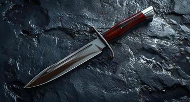 de cerca de un agudo caza cuchillo con un de madera encargarse de en un oscuro antecedentes foto