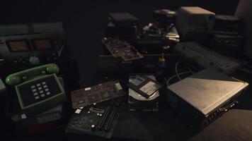 Vintage electronics and circuit boards arranged on a dimly lit table video