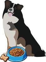 un perro y un cuenco de comida con un hueso vector