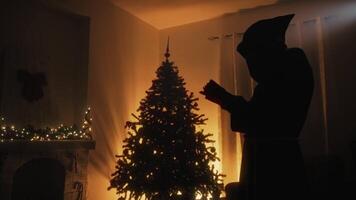 Silhouette Esoteric Hooded Man Reads Book In Front Of Christmas Tree video
