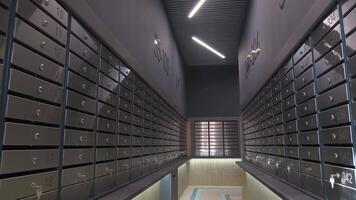 Flying past mailboxes in the entrance of a multi-story building video