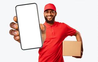 seguro entrega. mensajero hombre participación sin contacto pago crédito tarjeta entregando paquete o empaquetar caja en pie terminado amarillo estudio antecedentes foto