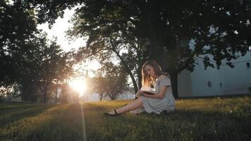 girl reads the book in Sun Lights at sunset on the grass in park. video