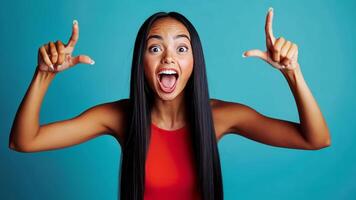 Happy young woman with long black hair in red dress and white sneakers pointing to her left against a solid blue background with an energetic expression. Copyspace video