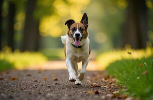 Dog walking in park pet run along path nature, cute animal face photo