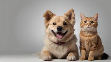 A Happy Dog and Cat Posing Together Against a White Background photo