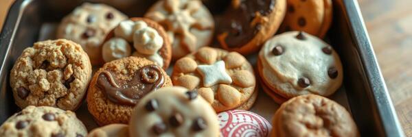 Assorted cookies on a baking tray, showcasing creative designs and flavors for a delicious treat experience photo