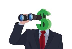 empresario con dólar firmar en su cabeza mirando mediante prismáticos ilustración vector