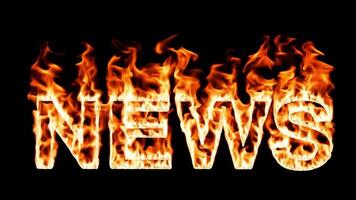 Burning flames transform the word news into vibrant colors, shifting from red and orange to blue against a black background video