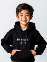 Happy asian boy wearing hoodie mockup with hand in pocket against white background psd