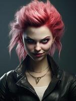 Punk rock girl with vibrant pink hair and intense gaze photo