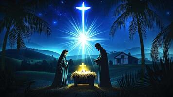 A starry night sky shines down on a manger with a glowing cross above, illuminating the scene with Joseph and Mary standing beside it. video