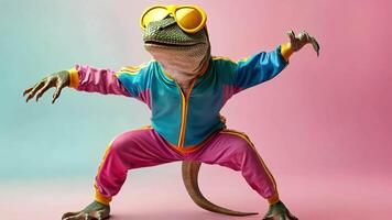 A lizard wearing yellow sunglasses and a colorful tracksuit is striking a pose on a pink and blue background. video