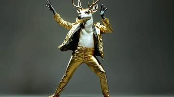 A person in a deer costume wearing a gold jacket and pants dances against a gray background. video