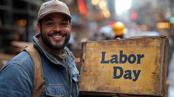 celebrando labor día con un alegre trabajador en un urbano construcción sitio foto
