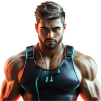 homme avec musclé corps et écouteurs png