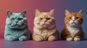 Three Adorable Cats Posing Together on a Colorful Background photo