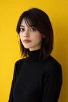 Portrait of a young woman with dark hair against a vibrant yellow background photo