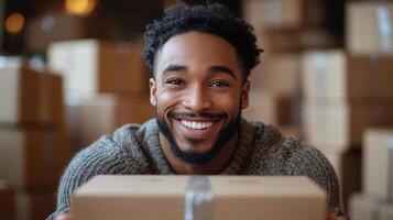 sonriente hombre participación un paquete en un almacén lleno con cajas durante tiempo de día foto