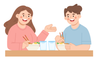 ilustración de un Pareja disfrutando tallarines juntos a el comida mesa png