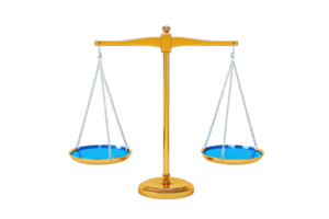 une équilibré échelle avec bleu des casseroles symbolise Justice et égalité, avec une d'or faisceau et une solide base. png