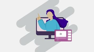 a woman is sitting in front of a computer screen video