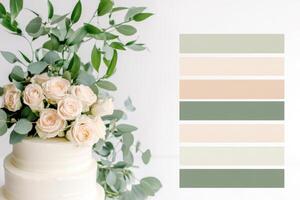 Nature-inspired wedding mood board featuring a refined color palette of sage green, beige, soft gray, and blush pink with elegant floral accents photo