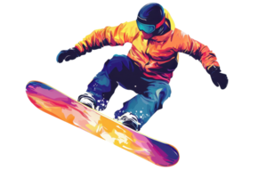 beschwingt Illustration von ein Snowboarder durchführen ein Antenne Trick gegen ein transparent Hintergrund, präsentieren extrem Sport und Winter Abenteuer. png