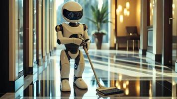 Futuristic robot with modern design mopping glossy floor in luxurious house interior for efficient house cleaning concept video