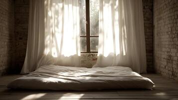 Cozy Minimalist Bedroom with Sunlit Windows and Soft White Bedding for Relaxation Retreat photo