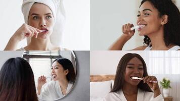 Four women from different backgrounds engage in their oral hygiene routines, brushing teeth in well-lit, comfortable settings, highlighting self-care and healthy habits. video