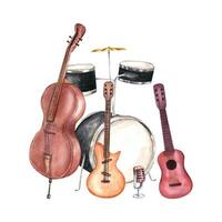 musical tambor equipo, doble bajo, seis cuerda eléctrico y acústico guitarra y retro micrófono en metal estar acuarela ilustración. jazz instrumentos en realista estilo composición para festival póster vector