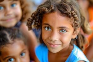 Portrait of smiling young girl with curly hair and bright eyes surrounded by friends photo