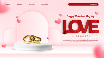 Happy valentines day podium landing page template with ring and decorative hearts psd