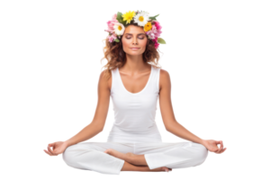 Woman meditates with a flower crown png
