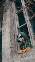 humano dentro respirador olhando a partir de arruinado construção com quebrado janelas. flor Panela e ecologista dentro a abandonado Lugar, colocar depois de biológico ataque. vertical video