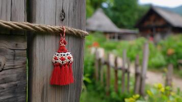 A handcrafted Martisor decoration in red and white threads displayed outdoors against a lush green backdrop, celebrating Moldovan spring traditions. photo
