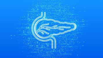 Pancreas icon. Pancreas health, care and protection. Treatment of pancreatic diseases, acute and chronic pancreatitis. Blue medical background made with cross shape symbol. vector