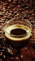A cup of espresso and coffee beans freshly roasted in a craft bag on a dark background. Fresh coffee is poured into a transparent glass. Small espresso cup with foam. Fresh coffee in the morning. Ads video