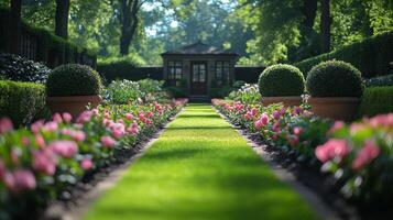 A garden with pink flowers and green grass photo