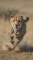 Cheetah running at high speed, showcasing its distinctive spotted fur and intense expression, with a blurred background photo