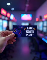 A hand holds a gaming voucher in a brightly lit arcade psd