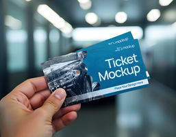 A hand holds a ticket mockup featuring a car wash design psd