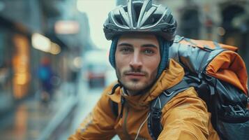 A man wearing a helmet and riding a bike photo