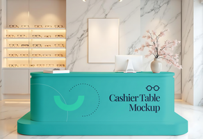 A teal cashier table mockup in an optometry office psd