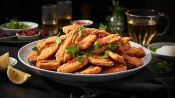 Plate of fried food with garnish and drink photo