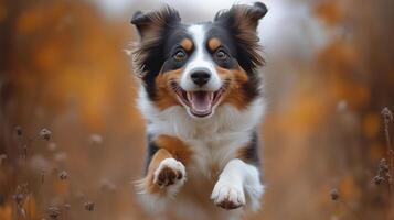 Happy dog running through autumn grass with vibrant leaves in the background. photo