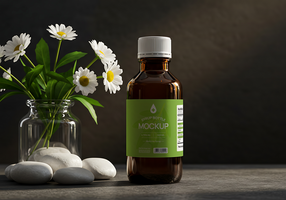 medicine syrup bottle mockup with white stone psd
